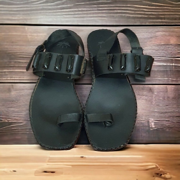 Tomas Maier Black Jewel Sandal Toe Loop Ring Gladiator Flat Boho Size 8 - Picture 2 of 13